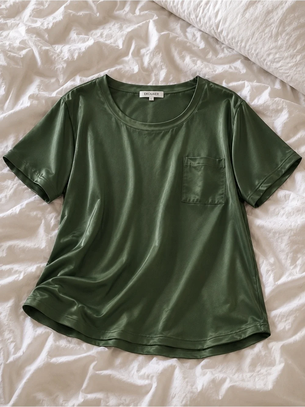Ekouaer Olive Green Satin Pajama Set - Short Sleeve Tee & Elastic Waist Pants L